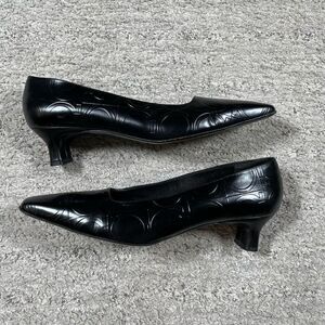 Salvatore Ferragamo Vintage Black Leather Logo Embossed Pump Heels